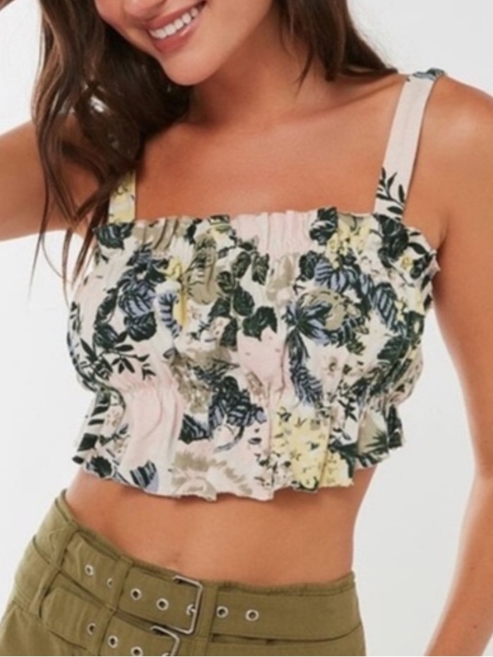 Urban Outfitters Smocked Floral Tie Back Tank Top, size S, pale pink